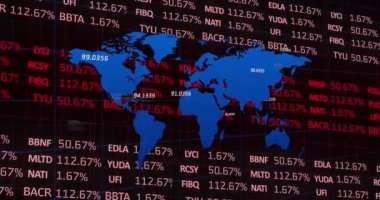 Dünya haritasında finansal veri işleme animasyonu. küresel iş, finans, bağlantılar ve dijital arayüz konsepti dijital olarak oluşturulmuş video.