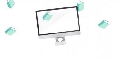 Düşen mavi kitapların ve beyaz üzerine bilgisayar ekranının animasyonu. okul, eğitim ve öğrenim konsepti dijital olarak oluşturulmuş video.