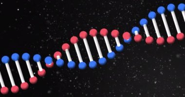 Evrendeki parçacıkların üzerinde dönen DNA iplikçiklerinin animasyonu. küresel bilim, veri işleme, teknoloji ve bağlantılar konsepti dijital olarak oluşturulmuş video.