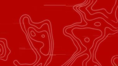 Kırmızı zemin üzerinde arıza olan topografik çizgilerle ekranda dijital arayüzün animasyonu. Veri işleme. küresel vintage bağlantılar ve dijital arayüz konsepti dijital olarak oluşturulmuş video.