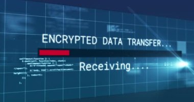 Ekranda titreşen dijital arayüz şifreli veri transferi metninin animasyonu. küresel bağlantılar, veri işleme, hesaplama ve dijital arayüz kavramı dijital olarak oluşturulmuş video.