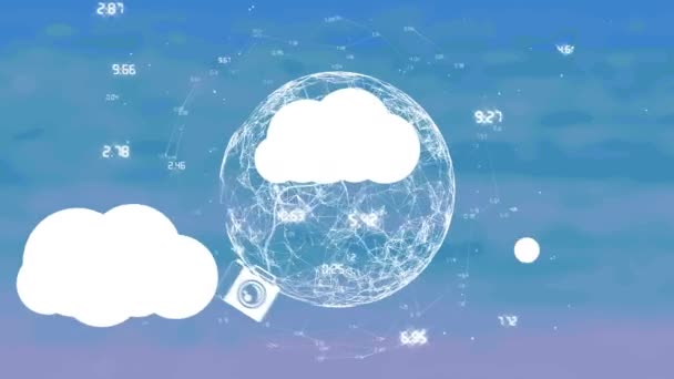 Animation Digital Clouds Globe Spinning Network Connections Blue Background Global — Stock Video