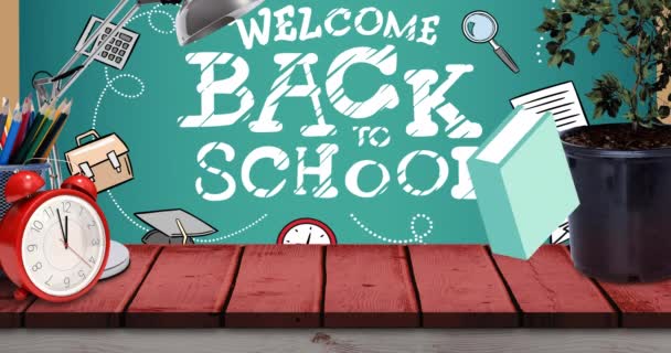テキストのアニメーションは 秋の本と黒板に学校に戻ってきています 学校や教育 学習の概念をデジタルで生み出し — ストック動画