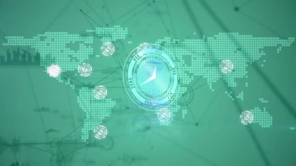 時計と世界地図との接続のネットワークのアニメーション 世界的なネットワークとデジタルインターフェースの概念デジタル生成されたビデオ — ストック動画