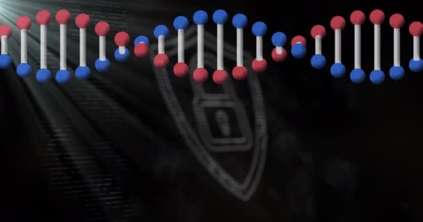 白いドット南京錠のシンボルを持つ回転3D Dna鎖のアニメーション グローバル医療科学研究技術デジタルデータセキュリティの概念デジタル生成されたビデオ — ストック動画