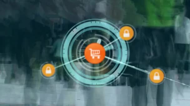 Animacja Sieci Połączeń Ikonami Zakupów Online Nad Skanowaniem Zakresu Globalne — Wideo stockowe