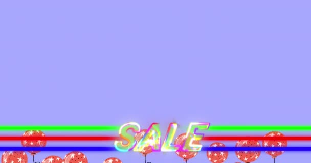 在红色气球和紫色背景的霓虹灯条纹上动画销售文本 零售及储蓄概念数码影片 — 图库视频影像