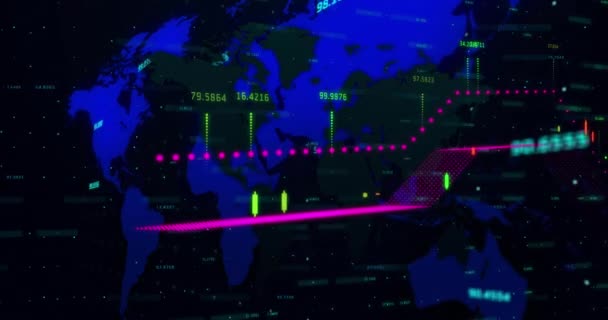 Animación Del Procesamiento Datos Financieros Través Del Mapa Mundial Negocios — Vídeos de Stock