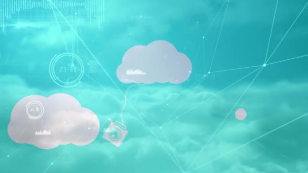 Animazione Rete Connessioni Con Nuvole Digitali Icone Sopra Cielo Tecnologia — Video Stock