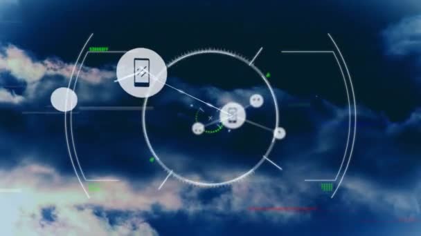 Animation Von Verbindungsnetzwerken Mit Symbolen Über Scannen Des Scanners Globale — Stockvideo