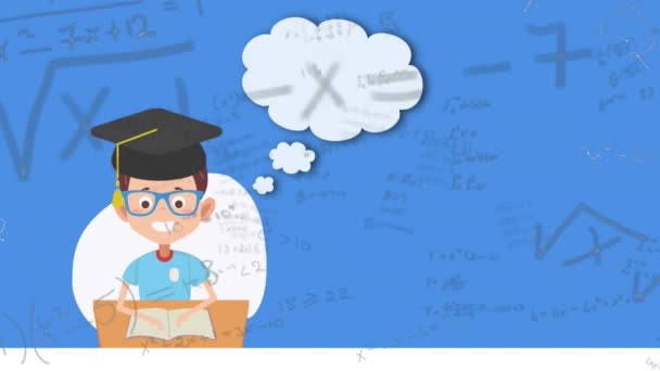 Animación Ecuaciones Matemáticas Con Pictograma Escolar Sobre Fondo Azul Educación — Vídeo de stock