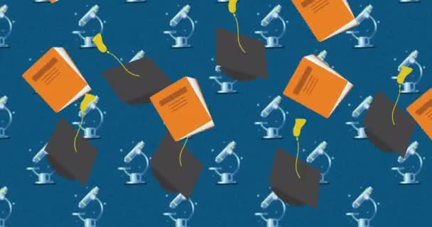 Animación Cuadernos Sombreros Graduación Sobre Fondo Azul Concepto Educación Aprendizaje — Vídeo de stock