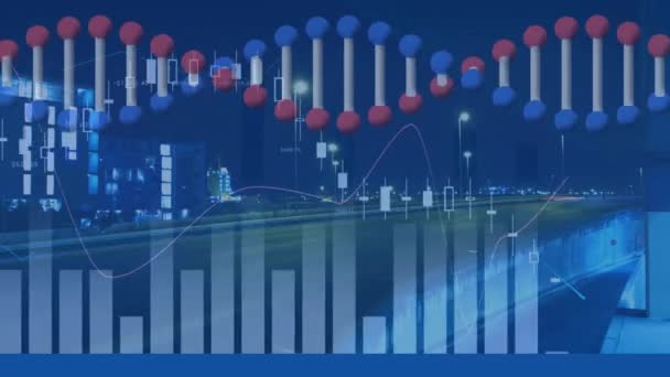 Dna链在医学数据处理上旋转的动画 全球科学 技术和连接概念数码视频 — 图库视频影像