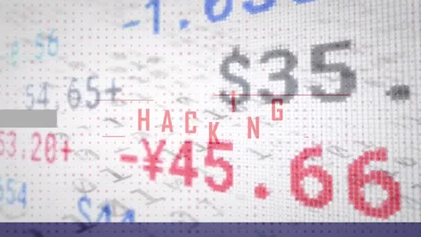 Animering Hacka Text Med Siffror Med Finansiell Databehandling Globala Onlinesäkerhetsfinanser — Stockvideo