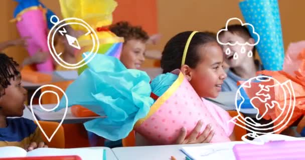 Animación Iconos Escolares Sobre Niños Escolares Aula Concepto Educación Aprendizaje — Vídeo de stock