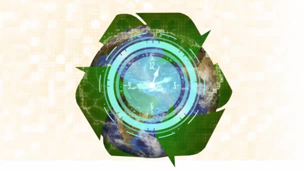 Анімація Символу Переробки Годинник Обертовим Глобусом — стокове відео