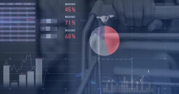 Animace Statistik Zpracování Dat Přes Nákupní Vozík Regály Obchodě Globální — Stock video