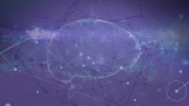 紫色背景下连接人脑和Dna链的网络动画 全球科学 技术和数据处理概念 — 图库视频影像
