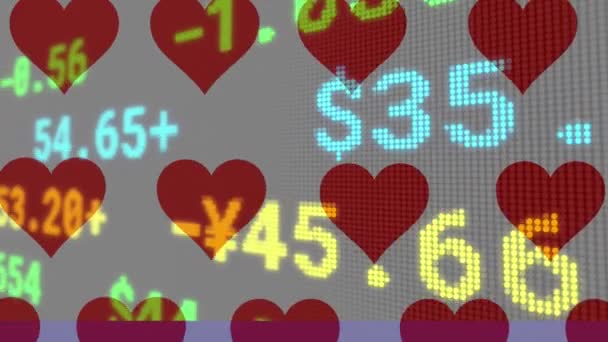 Animation Von Reihen Roter Herzen Mit Finanzdatenverarbeitung Globales Technologie Finanz — Stockvideo