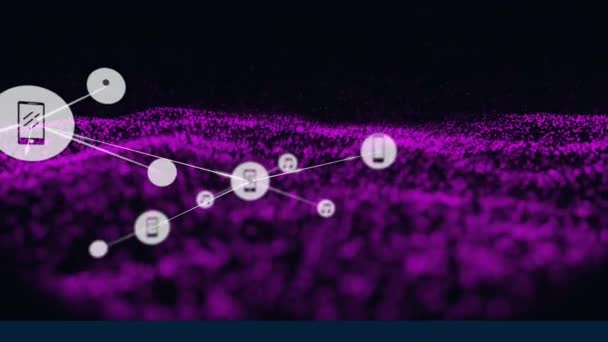 Анимация Сети Соединений Иконками Над Светящейся Сеткой Глобальных Соединений Технологий — стоковое видео