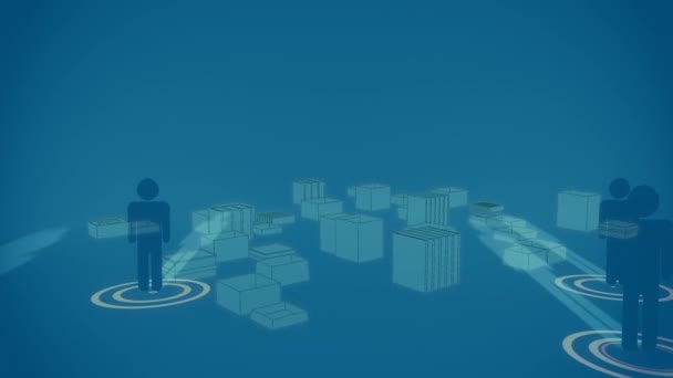 Κινούμενα Σχέδια Δικτύων Συνδέσεων Εικονίδια Ανθρώπων Πάνω Από Cityscape Μπλε — Αρχείο Βίντεο
