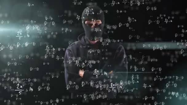 Анімація Математичних Рівнянь Над Хакером Балаклаві Глобальне Навчання Наука Обробка — стокове відео