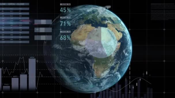 Animation Von Statistiken Und Datenverarbeitung Über Den Globus Globales Geschäft — Stockvideo