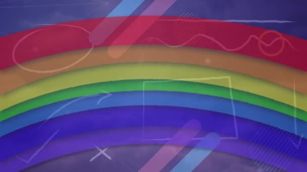 紫色の背景に虹の上の図面のアニメーション 世界中の科学技術とデータ処理の概念がデジタルで生成されたビデオ — ストック動画