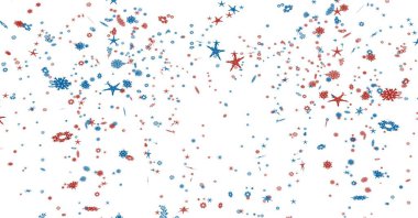 Beyaz zemin üzerinde mavi ve kırmızı yıldızların ve kar tanelerinin dijital olarak oluşturulmuş görüntüsü. doku ve tasarım ile teknoloji arkaplanı