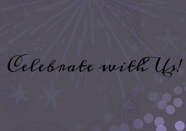 Dekoratif çiçek tasarımları ve gri arka planda mor lekeler hakkındaki metni bizimle kutlayın. davet kart şablonu tasarım kavramı