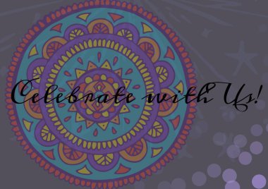 Renkli çiçek tasarımları ve gri arkaplandaki mor lekeler hakkında yazdıklarımızı kutlayın. davet kart şablonu tasarım kavramı