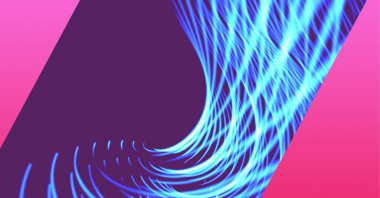 Mor ve pembe teknoloji arka planına karşı mavi ışık yollarının dijital olarak oluşturulmuş görüntüsü. bilgisayar arayüzü ve teknoloji kavramı