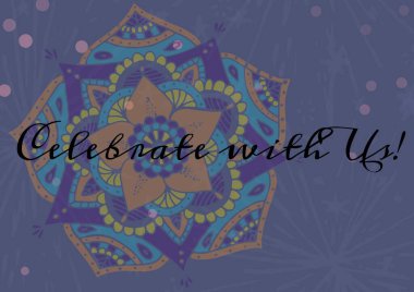 Renkli çiçek tasarımları ve mor arkaplandaki pembe noktalara karşı yazdığımız mesajı kutlayın. davet kart şablonu tasarım kavramı