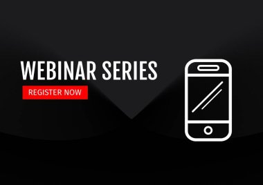 Composition of webinar series, register now text on red rectangle and smartphone in white, on black. seminar design template concept digitally generated image. clipart