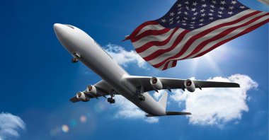 Amerikan bayrağı ve gökyüzüne doğru uçan uçağın bileşimi. Amerika Birleşik Devletleri seyahati, vatanseverlik ve bağımsızlık kavramı dijital olarak oluşturuldu.