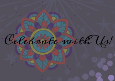 Renkli çiçek tasarımları ve gri arkaplandaki mor lekeler hakkında yazdıklarımızı kutlayın. davet kart şablonu tasarım kavramı