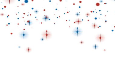 Mavi ve kırmızı yıldızların dijital olarak oluşturulan görüntüsü ve beyaz arka plandaki lekeler. doku ve tasarım ile teknoloji arkaplanı