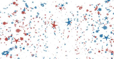 Beyaz zemin üzerinde mavi ve kırmızı yıldızların ve kar tanelerinin dijital olarak oluşturulmuş görüntüsü. doku ve tasarım ile teknoloji arkaplanı