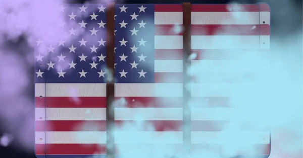 Composition Colourful Blue Purple Smoke American Flag Riveted Metal Patriotism — Stock Photo, Image