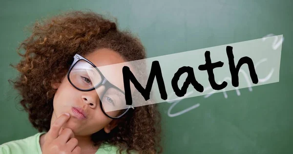 Composição Texto Matemática Sobre Estudante Pensativo Por Quadro Negro Sala — Fotografia de Stock