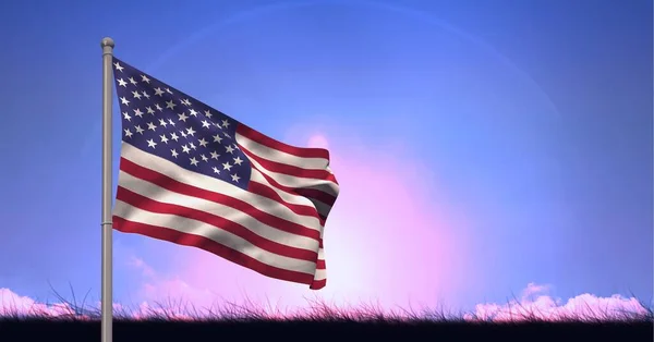 Composition American Flag Billowing Blue Pink Sunset Sky Patriotism Independence — Stock Photo, Image