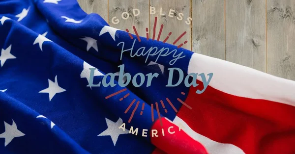 Felice Giorno Del Lavoro Testo Contro Bandiera Americana Sfondo Legno — Foto Stock
