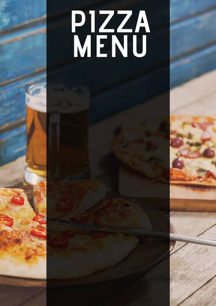 Composition of pizza menu text with copy space and pizza in background. menu and food concept digitally generated image.