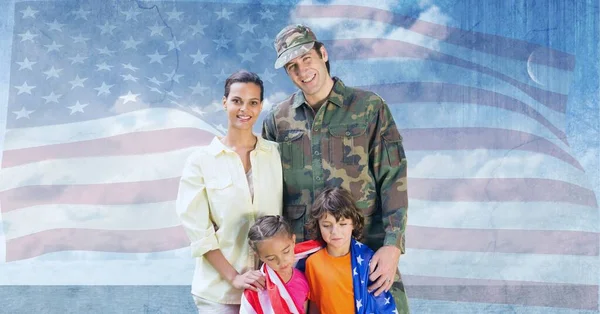 Composition Portrait Smiling Soldier Wife Son Daughter American Flag United — Stock Photo, Image