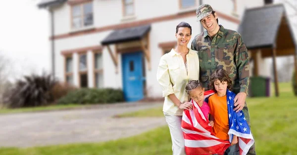 Composition Soldier His Wife Children Wrapped American Flag American Patriotism — Stock Photo, Image