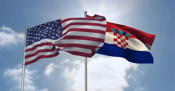 Американський Крутий Прапор Махають Хмари Синьому Небі Міжнародні Відносини Концепції — стокове фото