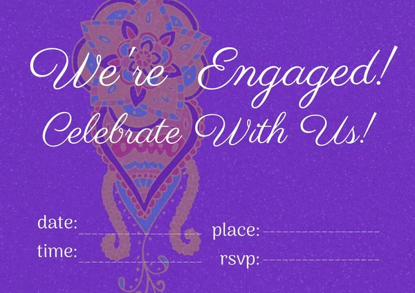 Engagement Viering Tekst Met Kopieerruimte Tegen Kleurrijke Bloemmotief Paarse Achtergrond — Stockfoto