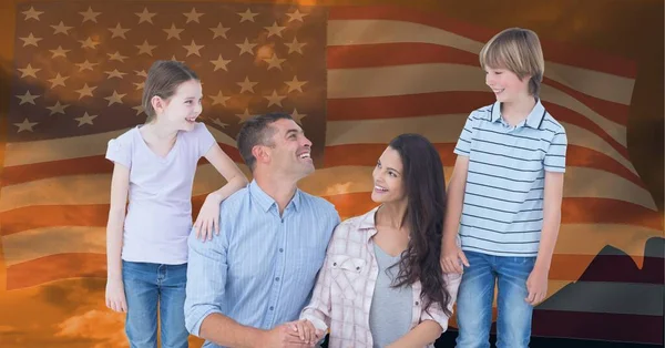 Composition Portrait Smiling Caucasian Couple Son Daughter American Flag United — Stock Photo, Image