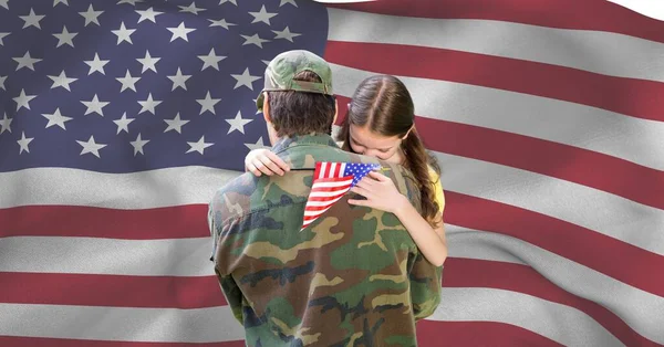 Composition Soldier Carrying His Daughter Holding American Flag American Patriotism — Stock Photo, Image