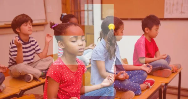 Composição Bandeira Suíça Sobre Crianças Felizes Meditando Sala Aula Conceito — Fotografia de Stock